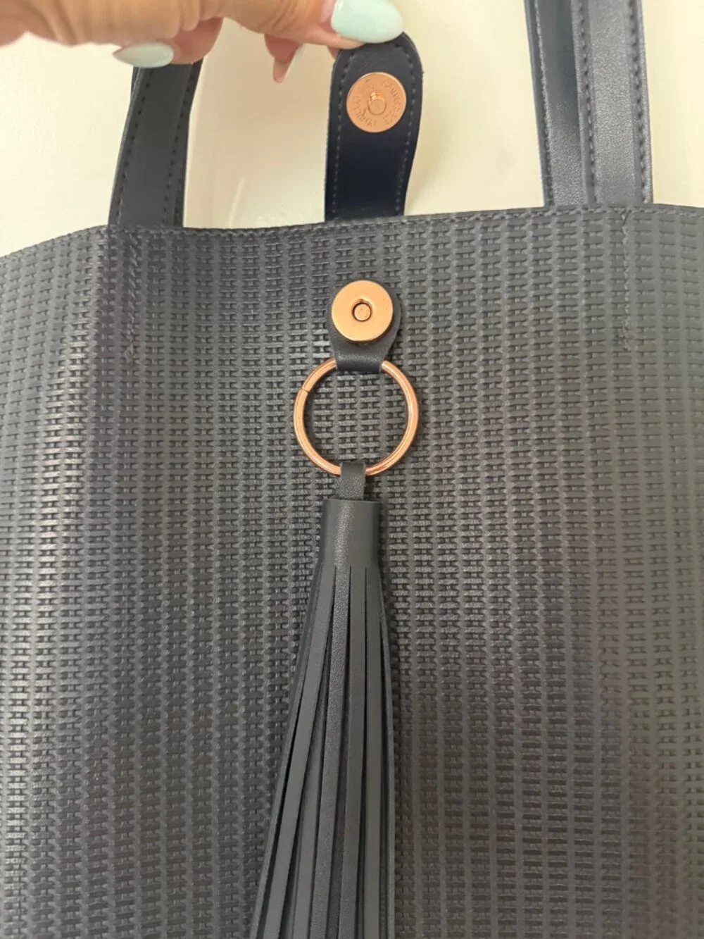ULTA Beauty Black Textured Oversized Tote Bag Rose Gold Tassel Shopper